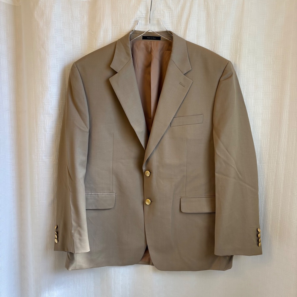 Chaps Mens 44S Tan Wool 2-Button Blazer Gold Crest Buttons Sport Coat 44S NWOT